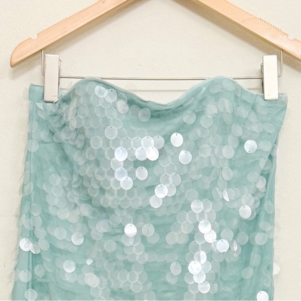 STAUD Casey Strapless Sequin Midi Dress in Mist Aqua Size 8 - Picture 9 of 17
